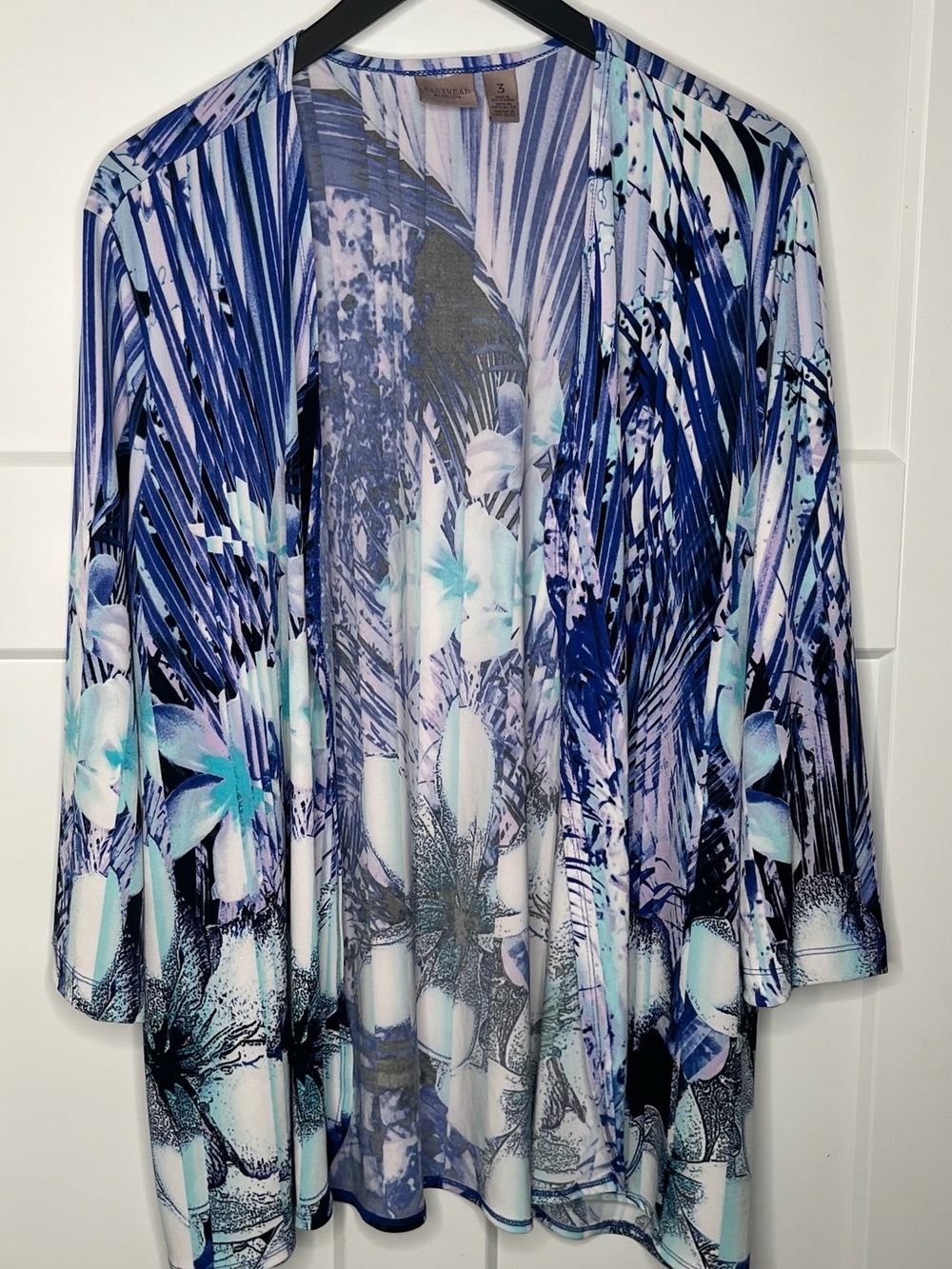 EasyWear by Chico’s Tropical Floral Palm Print Open Front Cardigan Size 3 / XL